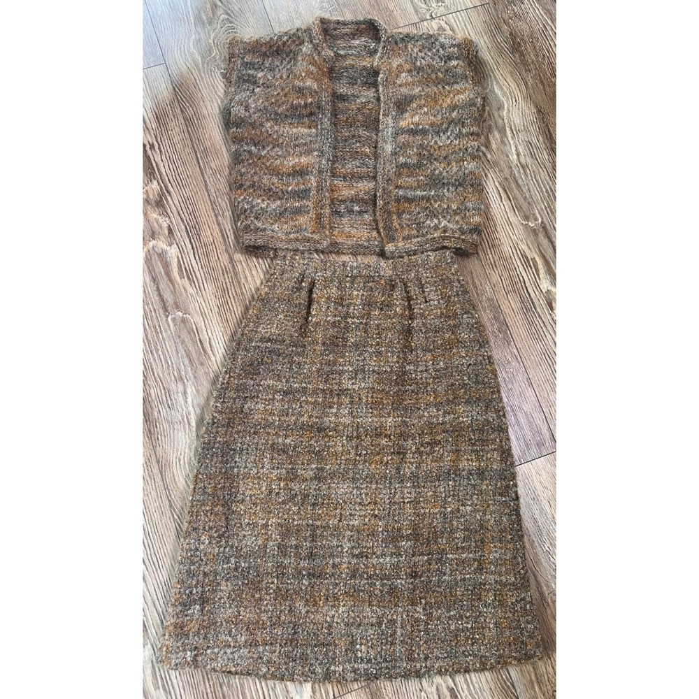 VTG 60s 70s Custom Boucle Wool Mohair 2 PC Skirt Set Vest Earth Tones S BOHO